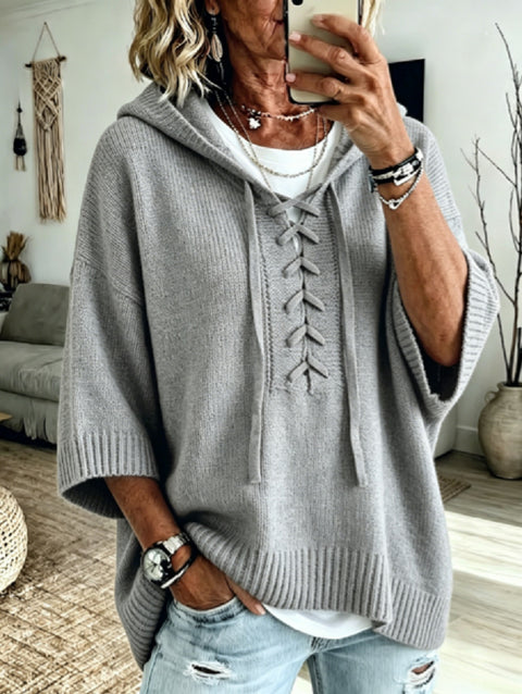 Strap-on hooded 7-point sleeve knitted sweater lazy loose pullover sweater m303004