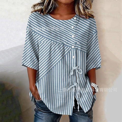Temperament women's long-sleeved shirt printed top lace-up shirt m302925