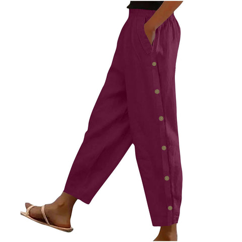 Side button pocket solid color mid-waist cotton and linen casual loose trousers m302831