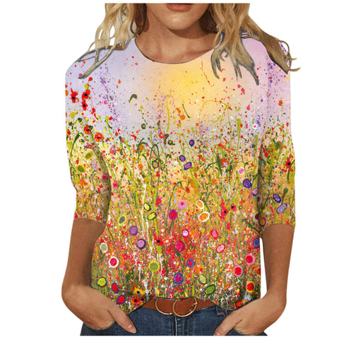 Women's Clothing round Neck 3/4 Sleeves Loose Print T-shirt M300227