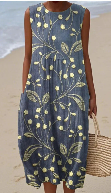 New sleeveless casual printing temperament long dress dress slim fit small fresh casual dress m301521