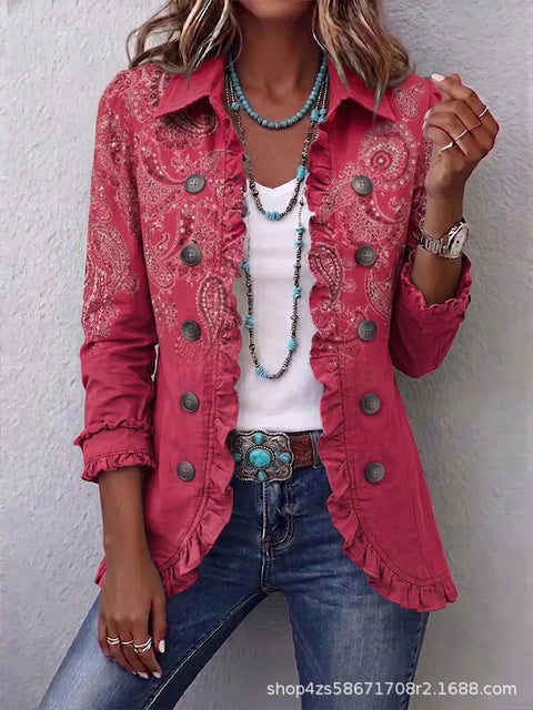 Women's fashion long-sleeved ruffle leaf open button cardigan FF303384 01