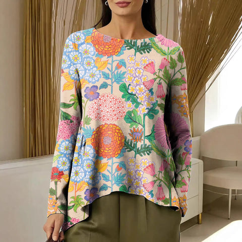 Women's Crew Neck Digital Print Long Sleeve Shrink Fold T-Shirt m302465