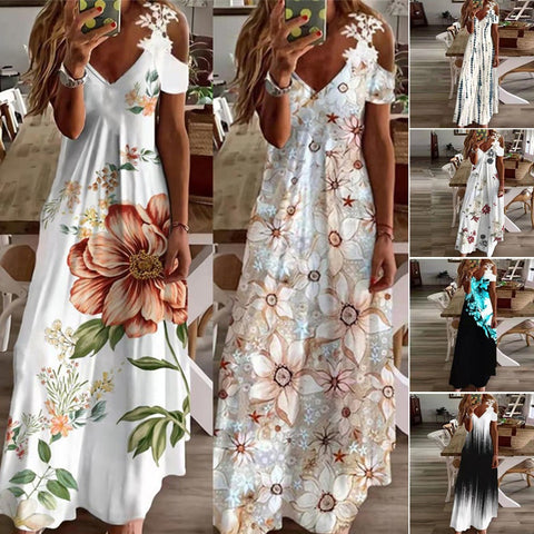 Summer new lace suspender v-neck fashion printed loose dress m301218
