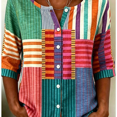 Women's Top Printed Casual Short Sleeve Collarless Shirt m303047