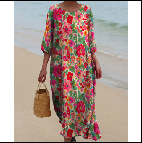 Women's Crew Neck Long Printed Casual Fashion Women's Dress m301059