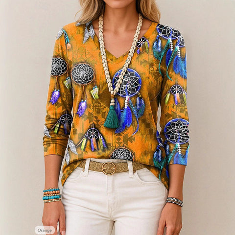 Printed loose long-sleeved V-neck T-shirt m301566