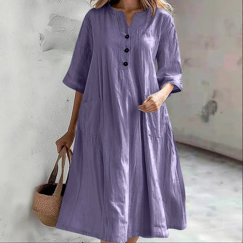 Dress Ladies medium and long V-neck half-sleeve cotton and linen loose version three-button pocket dress m302672