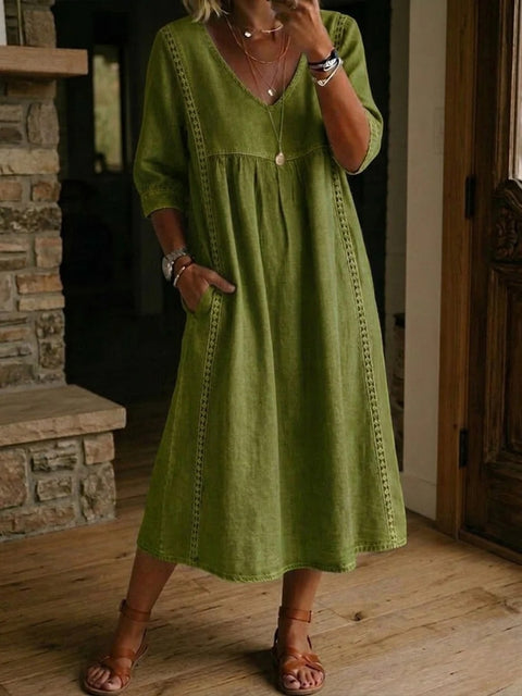 Loose v-neck splicing lace edge solid color medium sleeve dress m302991