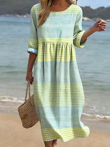 Women's medium and long sleeves side bag crew neck dress seaside vacation loose dress m302606