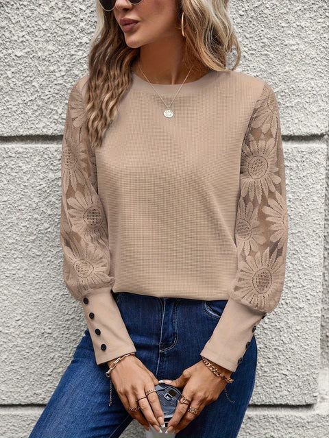 Long Sleeve Embroidered Lace Splicing Waffle Crew Neck Top m302245