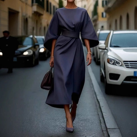 Fashion temperament elegant solid color waist dress casual bat sleeve long dress m301326