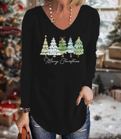 Loose 3D V-neck long-sleeved T-shirt women's Christmas printed bottoming shirt m302098