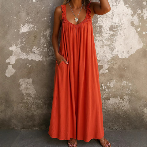 Casual suspender U-neck regular pleated multi-color women's dress m301443