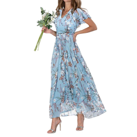 Big pendulum long dress V-neck short-sleeved printed chiffon dress m301544