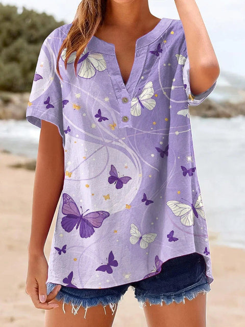 Printed V-neck pullover short-sleeved T-shirt m303021