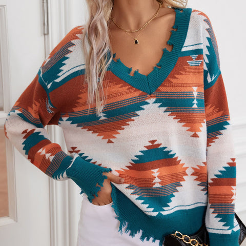 Aztec cut knitted sweater geometric pattern jacquard pullover V collar top long sleeve ethnic style m301953