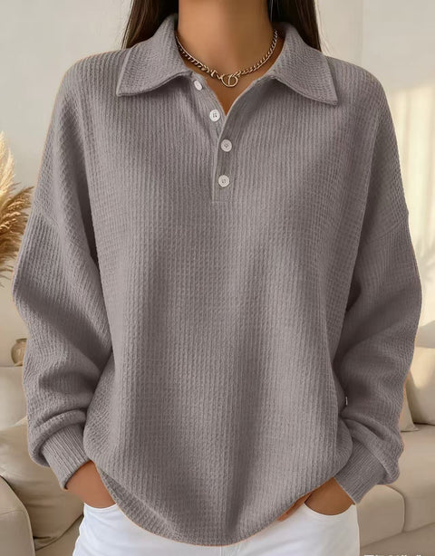 Loose solid color lapel versatile polo shirt waffle long sleeve women's top m302256
