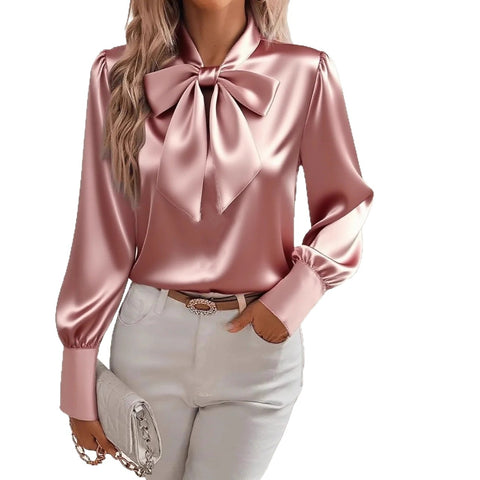 Autumn Long Sleeve Bow Satin Women's Shirt Shirt Top m302359