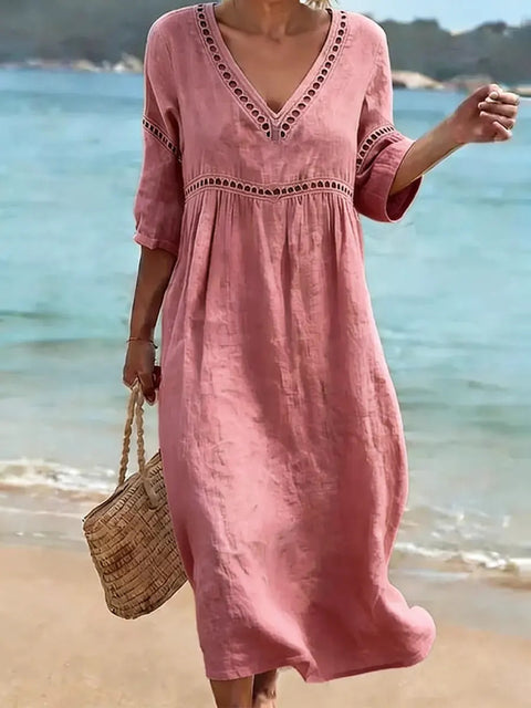 New elegant casual V-neck solid color medium-sleeved women's dress m303026