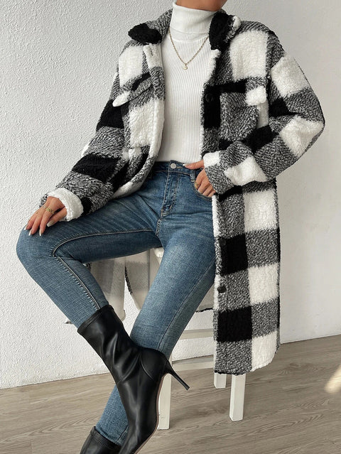 Open-button lapel plush plaid jacket loose temperament commuter long coat women m300360