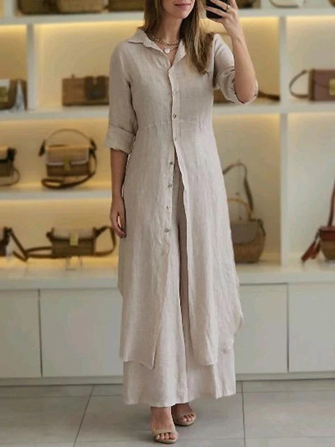 Elegant cotton and linen slim-fitting waist long-sleeved shirt wide-leg pants set m301063