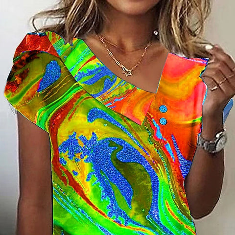 Women's short-sleeved top button V-neck m302369