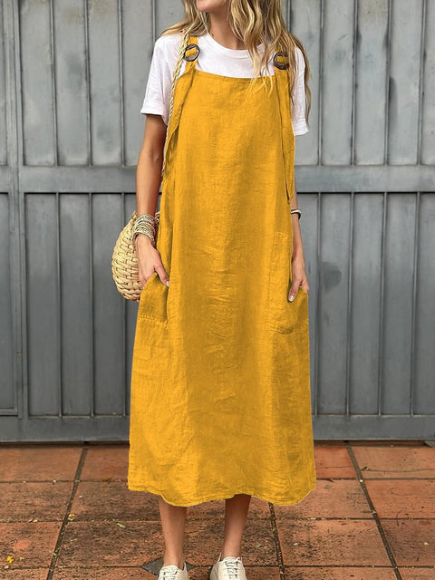 Women's fashion adjustable shoulder strap casual cotton and linen dress m302048