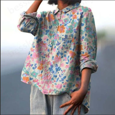 Long Sleeve Bamboo Linen Printing Fashion Versatile Lapel Shirt m301040