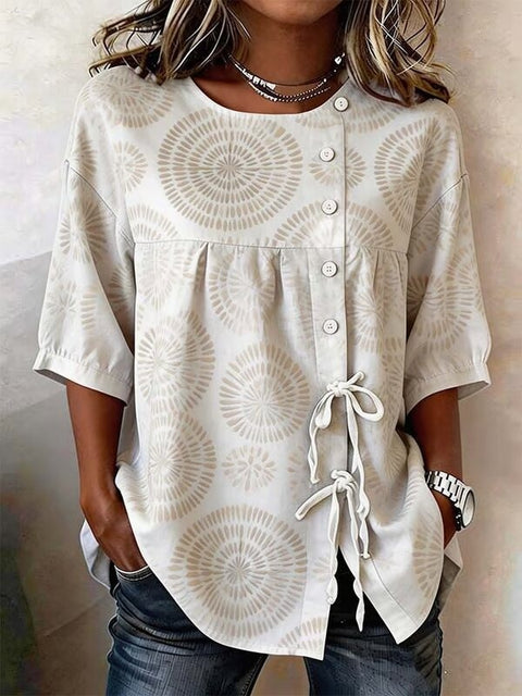 Temperament women's long-sleeved shirt printed top lace-up shirt m302925