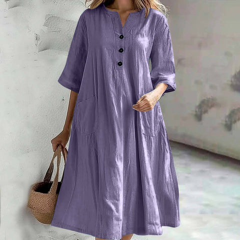 Dress Ladies medium and long V-neck half-sleeve cotton and linen loose version three-button pocket dress m302672