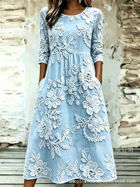 New digital short-sleeved printed women's 7-point sleeve casual dress m303012