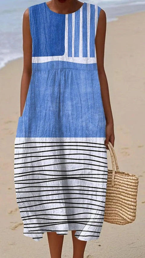 Summer sleeveless pocket casual print temperament long dress dress m302454