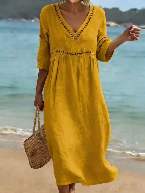 New elegant casual V-neck solid color medium-sleeved women's dress m303026