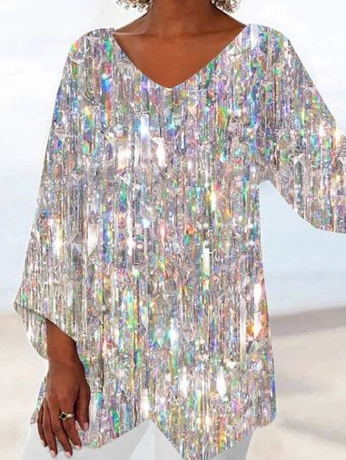 3D printing animal natural scenery V-neck nine-quarter sleeve loose T-shirt m301694