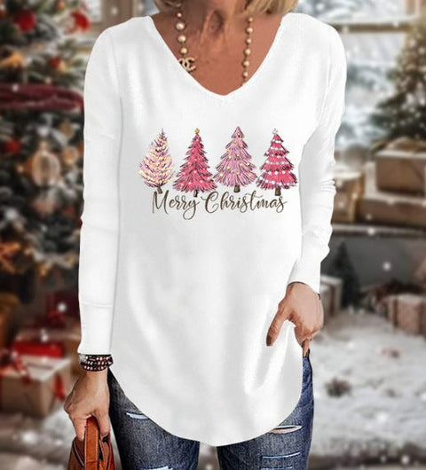 Loose 3D V-neck long-sleeved T-shirt women's Christmas printed bottoming shirt m302098