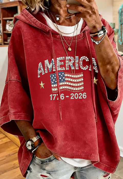 Independence Day 250th Anniversary Printed Loose Hooded T-Shirt m303003