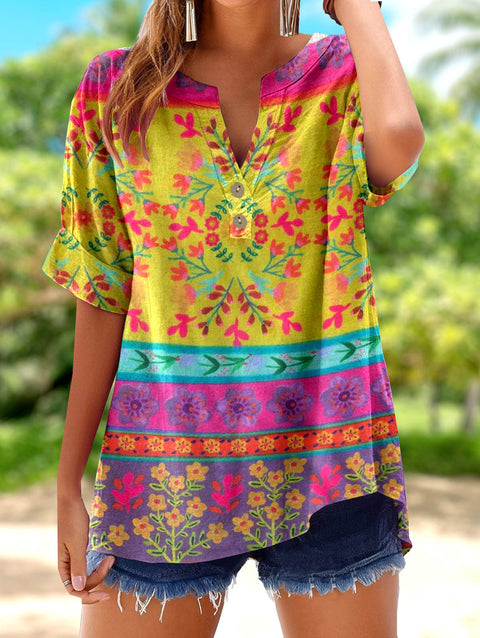 Printed V-neck pullover short-sleeved T-shirt m303021