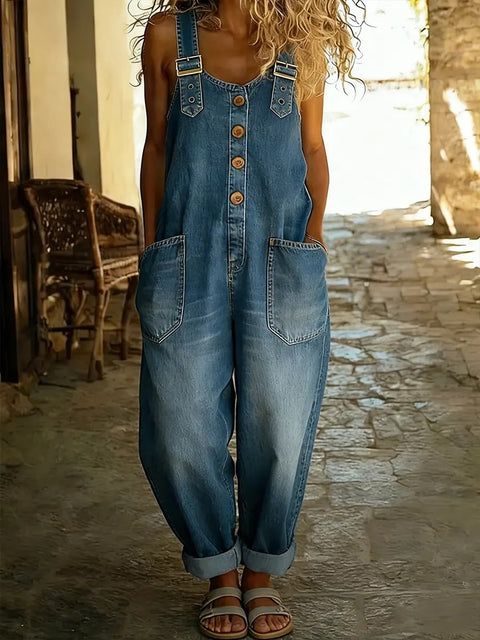 Stylish retro old loose women's casual denim jumpsuit with adjustable buckle m302836