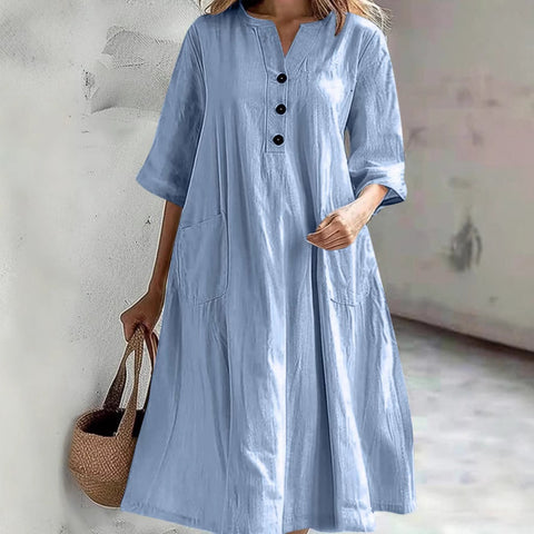 Dress Ladies medium and long V-neck half-sleeve cotton and linen loose version three-button pocket dress m302672