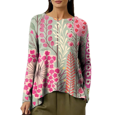 Women's Crew Neck Digital Print Long Sleeve Shrink Fold T-Shirt m302465