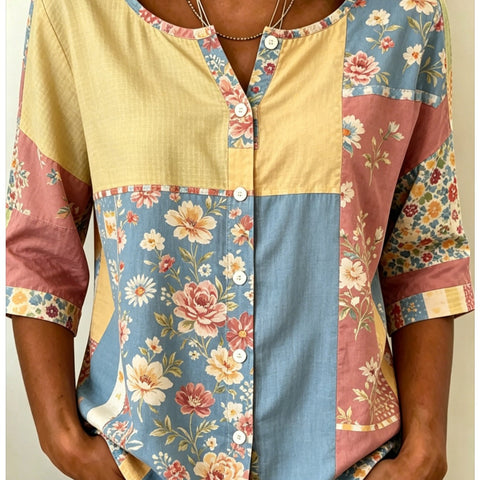 Women's Top Printed Casual Short Sleeve Collarless Shirt m303047