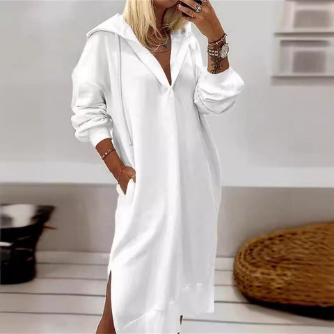 Long pullover sweater solid color split hem hooded knitted long dress women's m301595