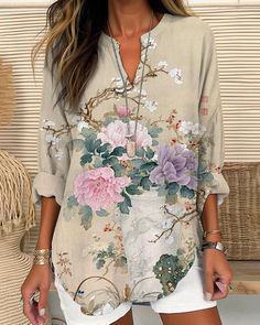 Loose 3D Printed V-Neck Shirt Long Sleeve T-Shirt m301360