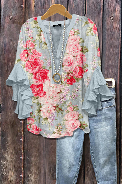 Digital printing casual trend V-neck lotus edge T-shirt women's m302725-2