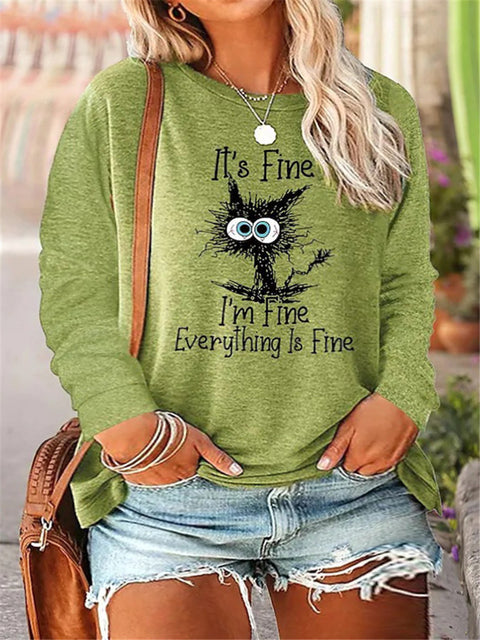 Black Cat Cartoon Printed Women's Crew Neck Long Sleeve T-Shirt M800016