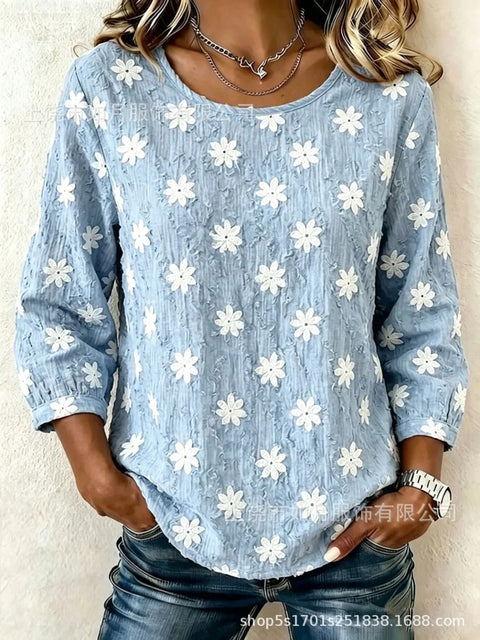 Bamboo hemp 3D printing round neck breathable seven-quarter sleeve flower top m303020