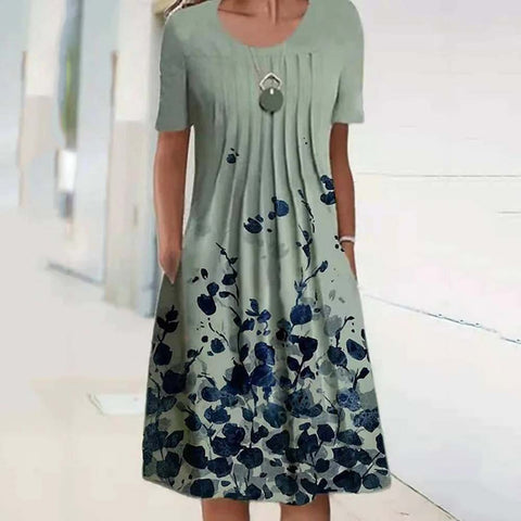 Spring/Summer Floral Print Crew Neck Pocket Medium Length Dress m300905