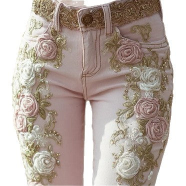 Vintage pink rose embroidery art print jeans elegant temperament m301955