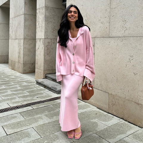 Knitted long-sleeved cardigan + suspender vest + skirt set women's autumn and winter sweater set m301780